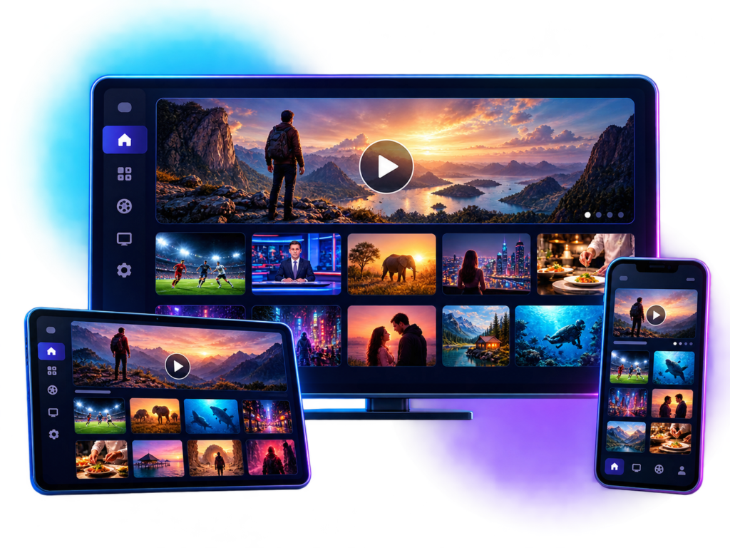 IPTVON channel guide shown on a TV, tablet and phone with movies, sports and news categories